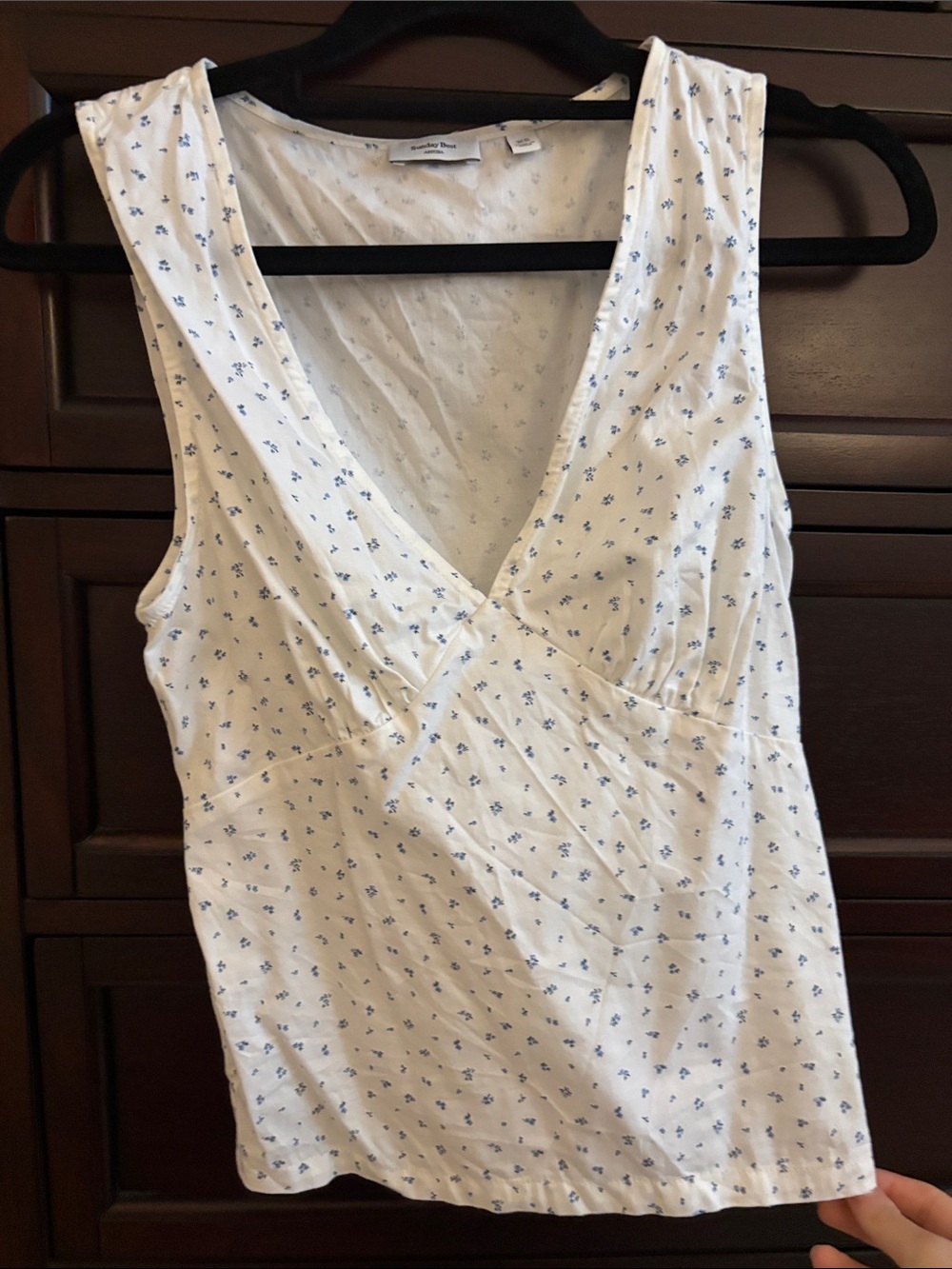 Aritzia White Sleeveless V-Neck Tank with Blue Micro Floral Print